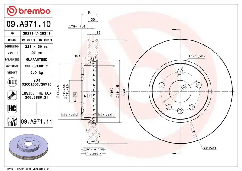 BREMBO 09.A971.11 Ön Fren Diski