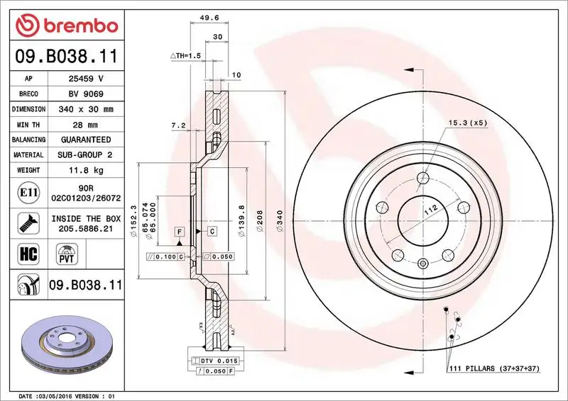 BREMBO 09.B038.11 Ön Fren Diski 8J0615301B