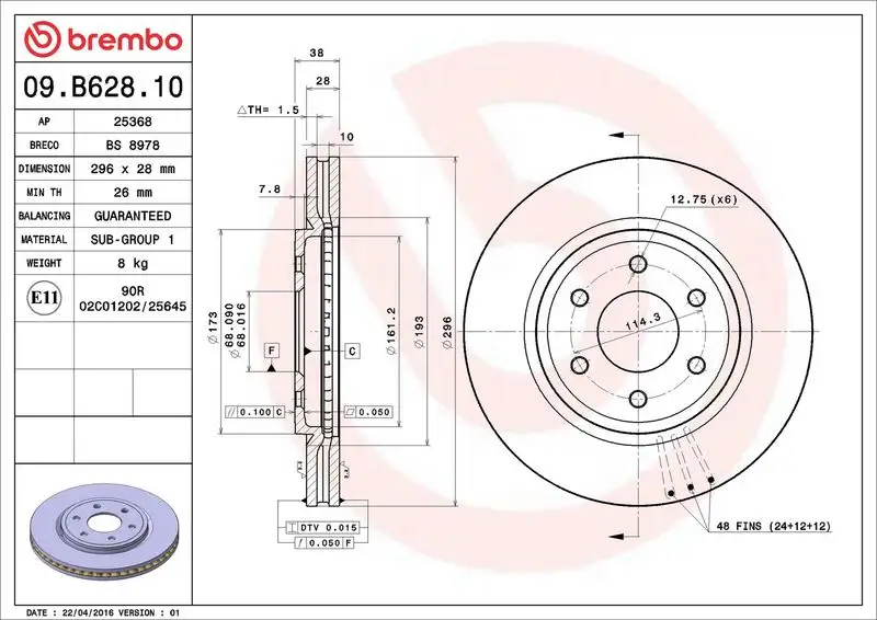 BREMBO 09.B628.10 Ön Fren Diski 40206EB30A