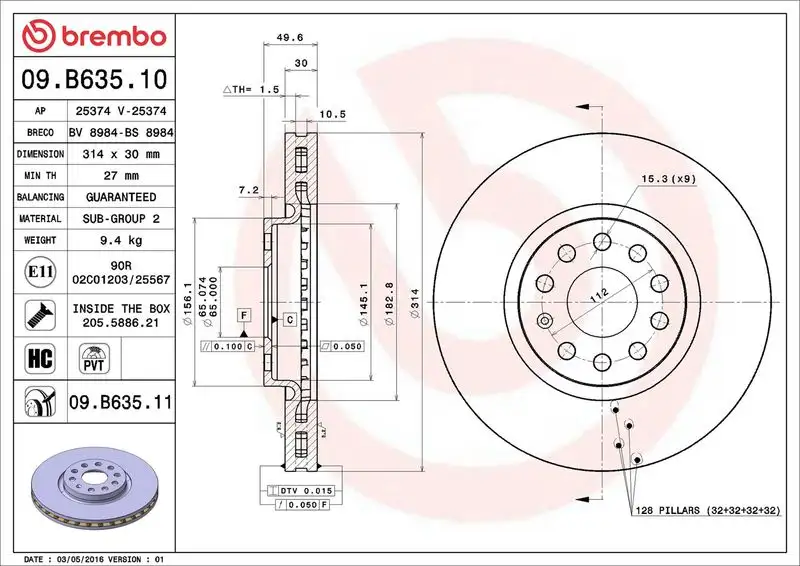 BREMBO 09.B635.11 Ön Fren Diski