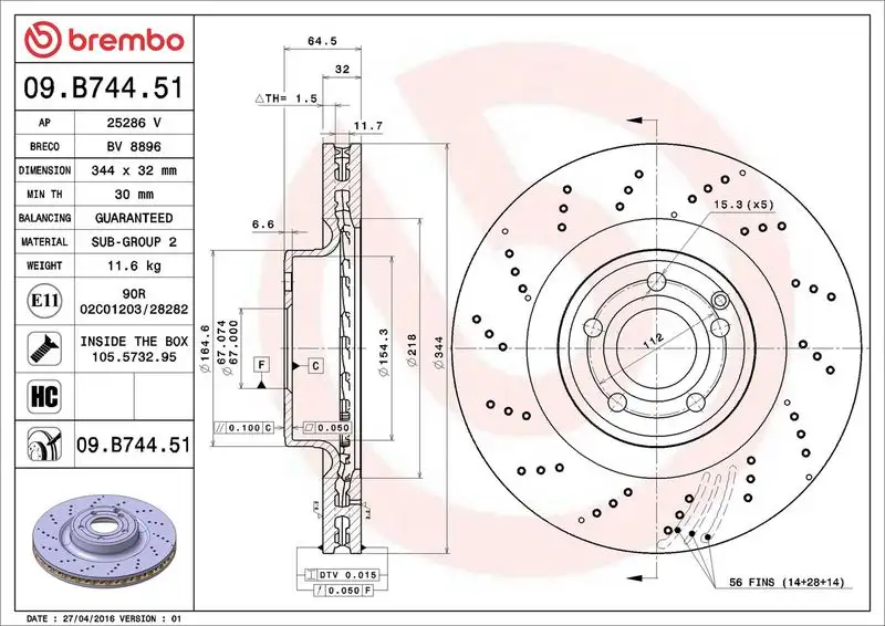 BREMBO 09.B744.51 Ön Fren Diski A1724210212