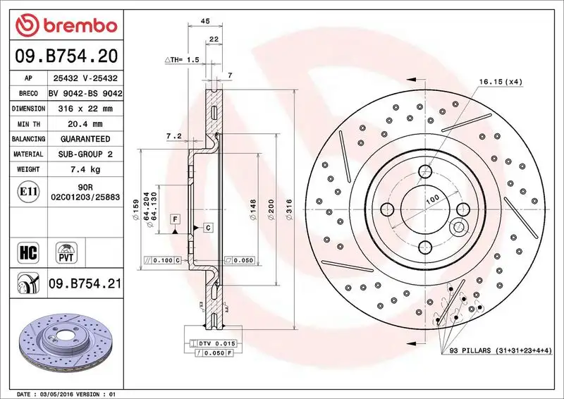 BREMBO 09.B754.21 Ön Fren Diski 34116855782