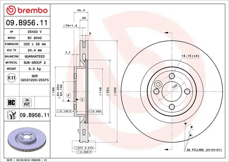 BREMBO 09.B956.11 Ön Fren Diski 34116858071