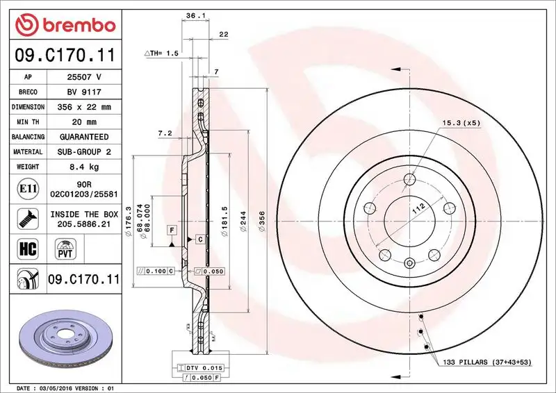 BREMBO 09.C170.11 Arka Fren Diski 4H0615601L