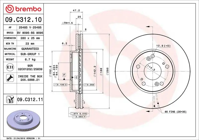 BREMBO 09.C312.11 Ön Fren Diski 45251TV0E01