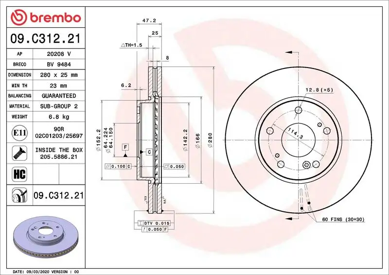 BREMBO 09.C312.21 Ön Fren Diski 45251TGLE01