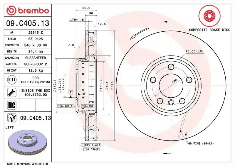 BREMBO 09.C405.13 Ön Fren Diski (Sol) 34116898729