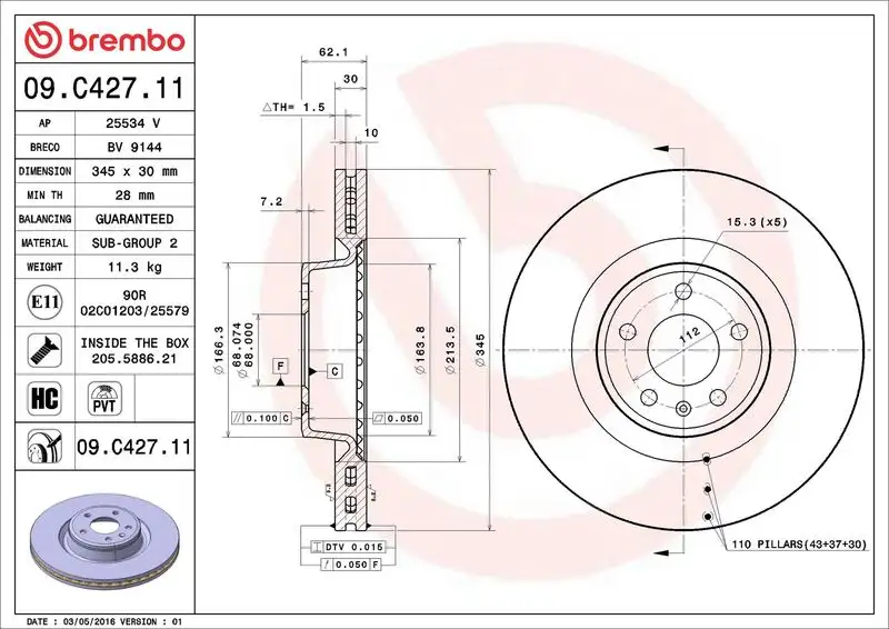 BREMBO 09.C427.11 Ön Fren Diski 4G0615301B