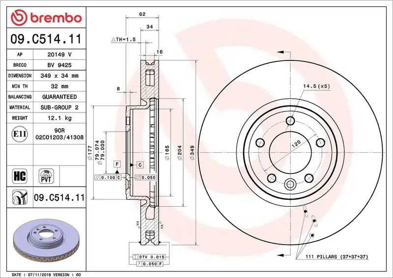 BREMBO 09.C514.11 Ön Fren Diski LR161889