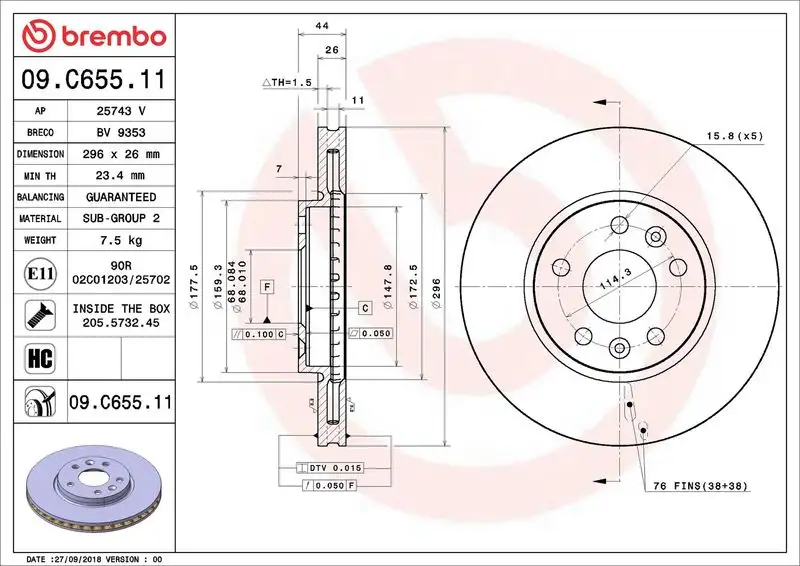 BREMBO 09.C655.11 Ön Fren Diski 402066RN0A