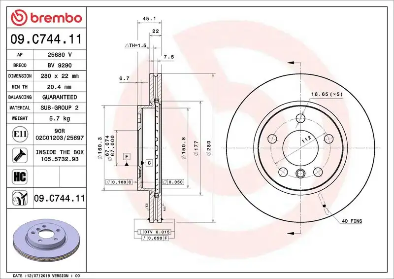 BREMBO 09.C744.11 Ön Fren Diski 34116866295