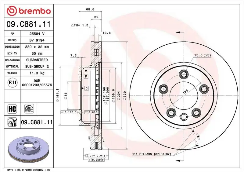 BREMBO 09.C881.11 Ön Fren Diski