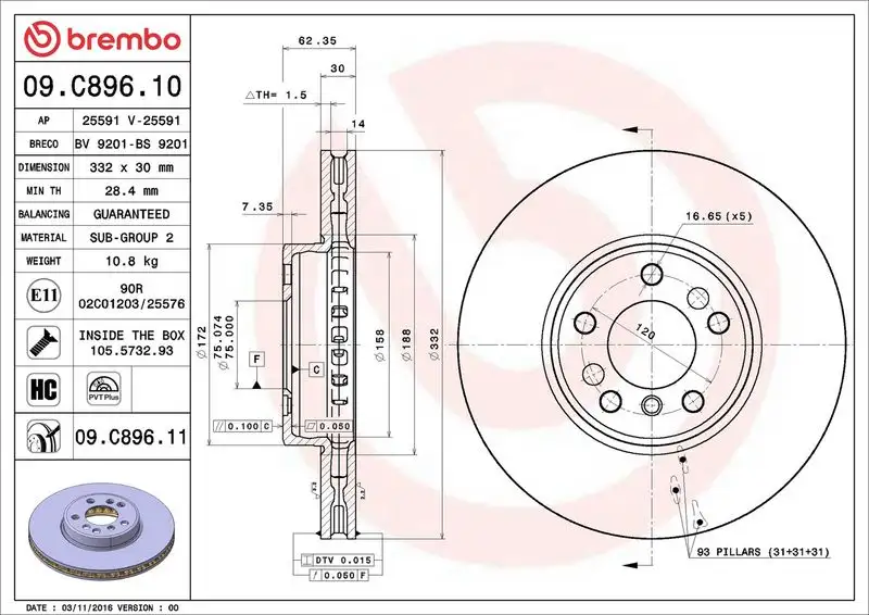 BREMBO 09.C896.11 Ön Fren Diski