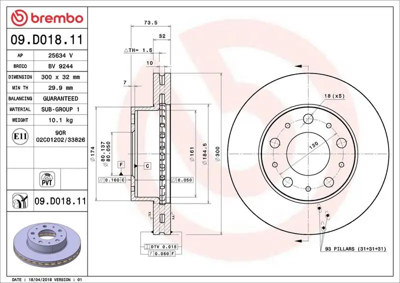 BREMBO 09.D018.11 Ön Fren Diski