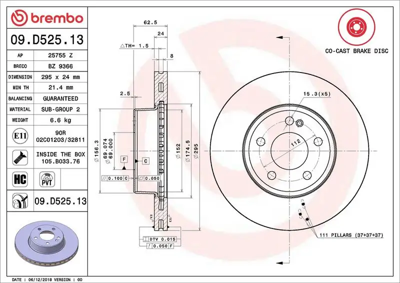 BREMBO 09.D525.13 Ön Fren Diski A0004212412