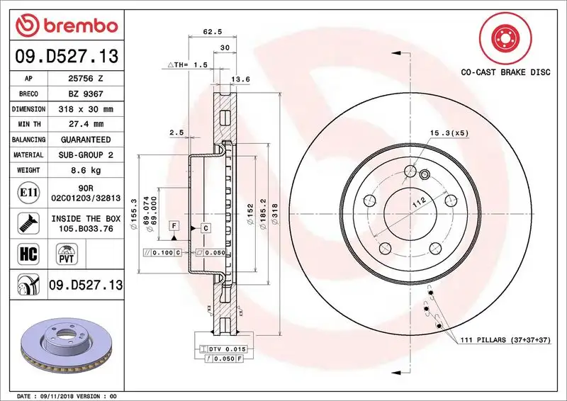 BREMBO 09.D527.13 Ön Fren Diski A0004212612