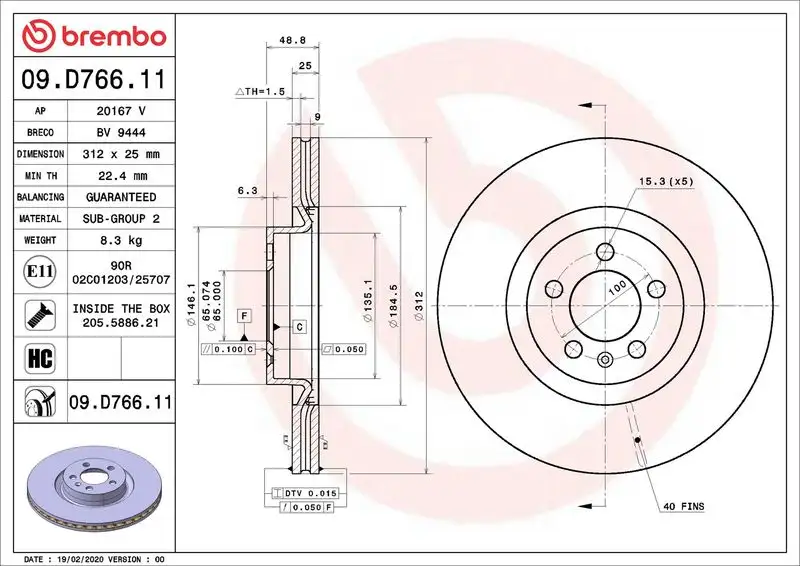 BREMBO 09.D766.11 Ön Fren Diski 2Q0615301N