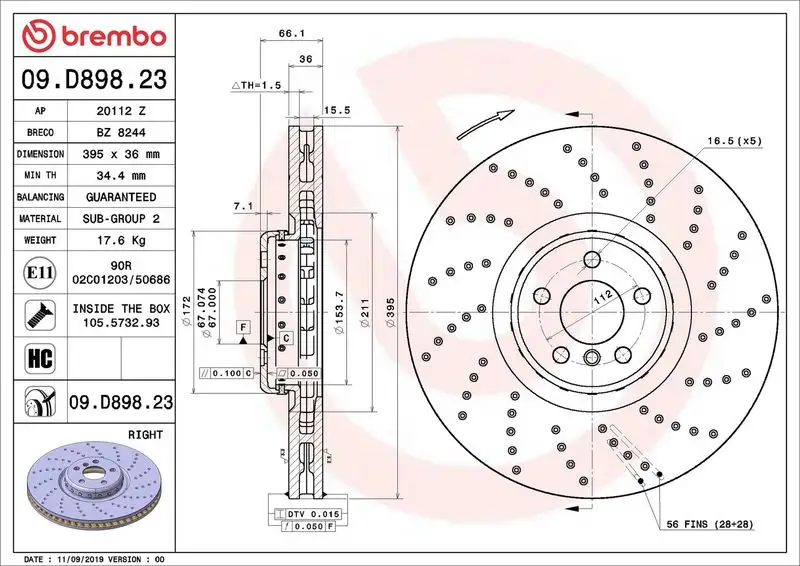 BREMBO 09.D898.23 Ön Fren Diski (Sağ) 34116878046