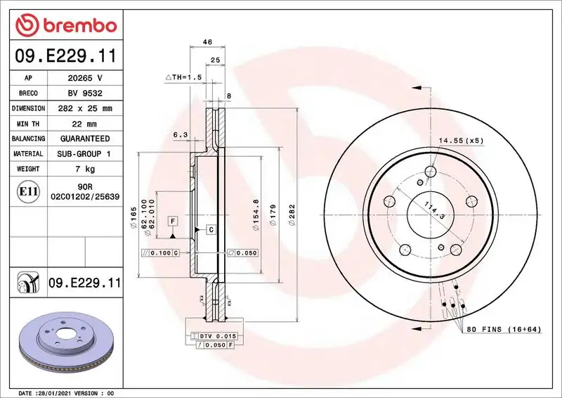 BREMBO 09.E229.11 Ön Fren Diski T435120239