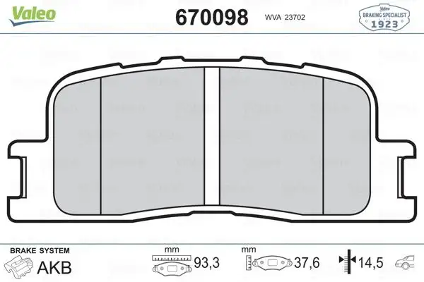 VALEO 670098 Arka Fren Balatası