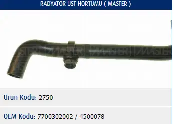 MASTER M2750 Radyatör Üst Hortumu 7700302002