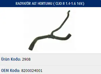 MASTER M2908 Radyatör Alt Hortumu 8200024001