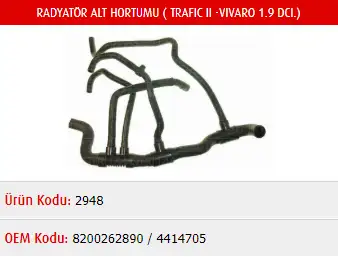 MASTER M2948 Radyatör Alt Hortumu 8200262890