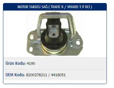 MASTER M4190 Motor Takozu (Sağ) 8200378211